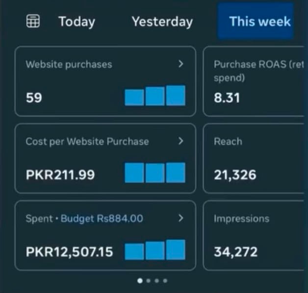 Meta Ads Manager 7-day consolidated report showing 8.31 ROAS and 59 purchases